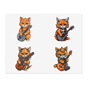Orange Cat Rockstar Playing Guitar Vinyl Stickers (4 pack) - Music, Journaling, Hydroflash, Water Bottle Sticker, Ginger, Kitten, Nerdy