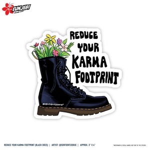 Black Doc Martens Boots Sticker, Reduce Your Karma Footprint by SentientCookie. 3 x 3 Matte Collectible Vinyl Sticker. image 1