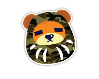 Drowsy Daruma, Bradley The Bear Sticker. Jungle Green Camo Colour. 3"x3" Japanese Style Hypebeast Vinyl Sticker.