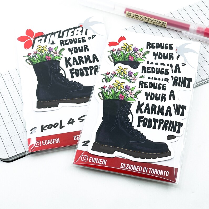 Black Doc Martens Boots Sticker, Reduce Your Karma Footprint by SentientCookie. 3 x 3 Matte Collectible Vinyl Sticker. image 3