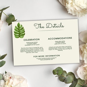 Monstera Palmblad Bruiloft Details Kaartsjabloon Bruiloft Tropisch Caribisch gebied INSTANT Download Green Gold Insert Card Tropical Greenery