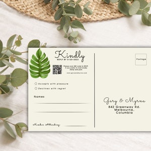 Monstera Leaf Wedding Invitation RSVP Postcard Template Tropical Caribbean INSTANT Download Green Gold Reply Card QR Code Response