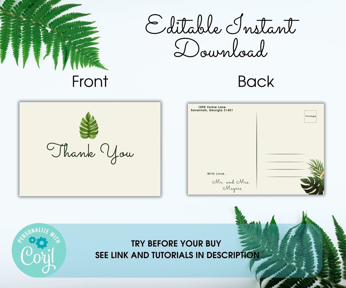 Monstera Leaf Wedding Thank You Card Template Wedding Tropical ...