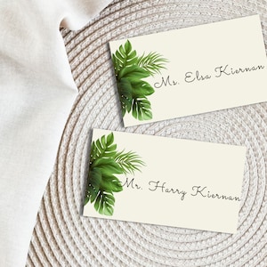 Monstera Leaf Wedding Reception Place Card Template Wedding Tropical Greenery Caribbean INSTANT Download Tent Green Wedding Gold Flat