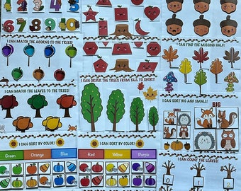 May include: A collection of educational activity sheets featuring autumn-themed learning tasks. The pages include counting numbers one to ten, matching acorns and leaves, sorting shapes, colors, and sizes, identifying seasons, and learning the alphabet.