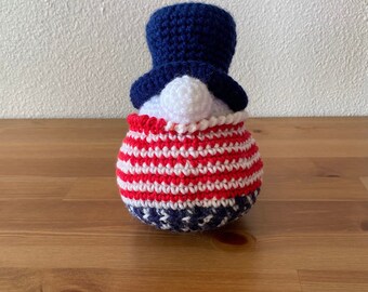 Crochet Patriotic Gnome (Finished Product); Red, White, and Blue Amigurumi