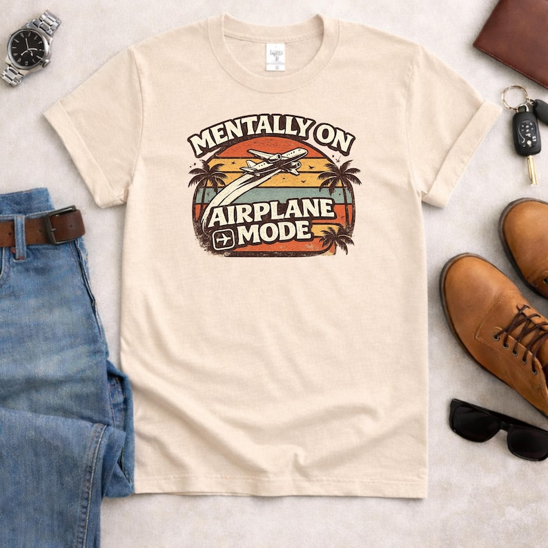 Mentally On Airplane Mode Shirt, Vintage Sunset Travel Tee Natural