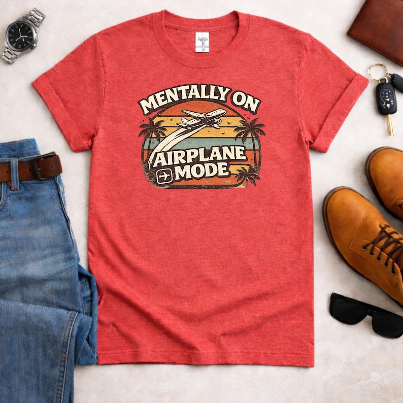 Mentally On Airplane Mode Shirt, Vintage Sunset Travel Tee Heather Red