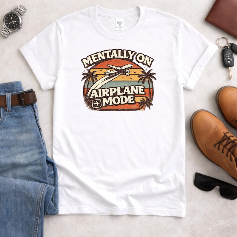 Mentally On Airplane Mode Shirt, Vintage Sunset Travel Tee White