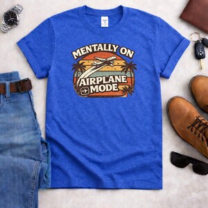 Mentally On Airplane Mode Shirt, Vintage Sunset Travel Tee Heather Royal