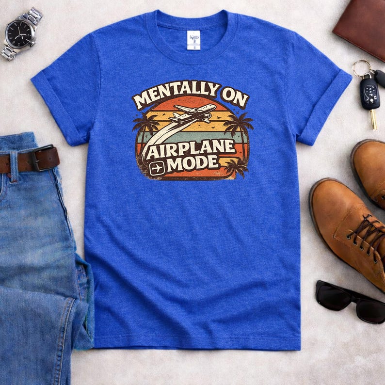 Mentally On Airplane Mode Shirt, Vintage Sunset Travel Tee Heather Royal