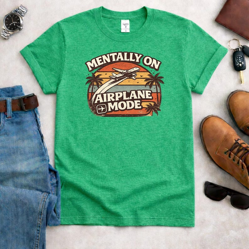 Mentally On Airplane Mode Shirt, Vintage Sunset Travel Tee Heather Irish Green