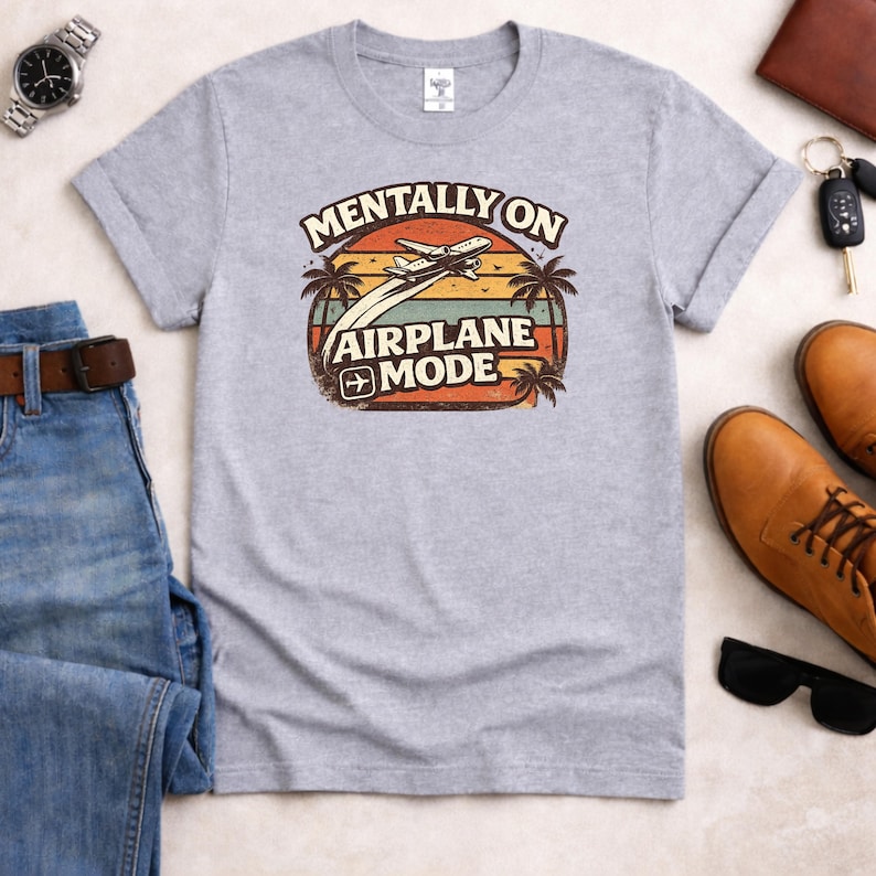 Mentally On Airplane Mode Shirt, Vintage Sunset Travel Tee Sport Grey