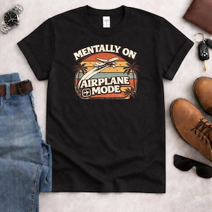 Mentally On Airplane Mode Shirt, Vintage Sunset Travel Tee Black