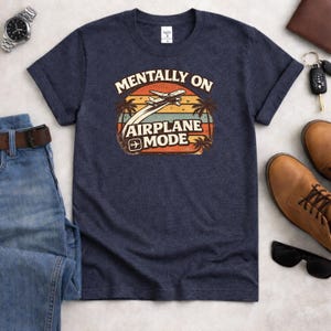 Mentally On Airplane Mode Shirt, Vintage Sunset Travel Tee Heather Navy