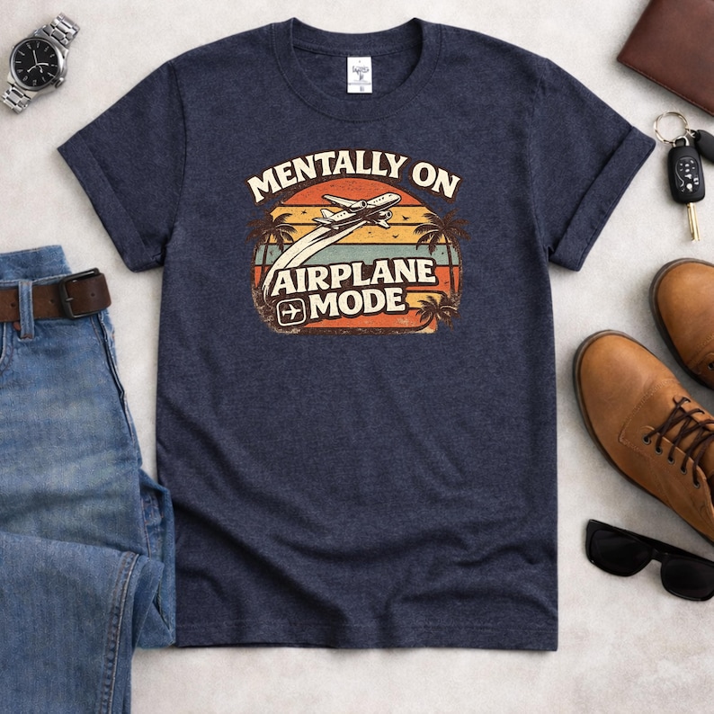Mentally On Airplane Mode Shirt, Vintage Sunset Travel Tee Heather Navy