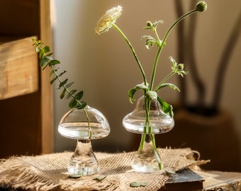 Glass Mushroom Vase, Mushroom Bud Vase, Creative Flower Vase, Mushroom Decor, Plant Housewarming Gift, Small Mushroom Vase, Plant Lover Gift