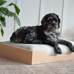 Oak Wood Dog Bed with Washable Linen Look Cover - Medium/Large, Revolution Washable Fabric