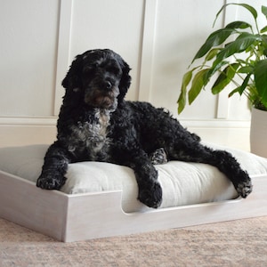 Whitewashed Oak Wood Dog Bed with Washable Linen Cover