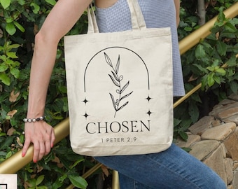 Bolso de mano de lona de algodón elegido, 1 Pedro 2:9, Versículo bíblico religioso Iglesia de fe creyente de las Escrituras, regalo cristiano para ella, reutilizable todos los días