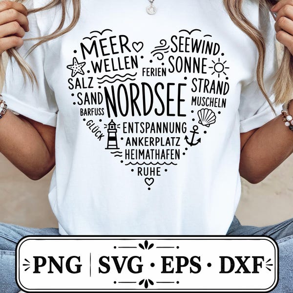 Plik plotera SVG PNG z motywem serca Morza Północnego, morskiej miłości nadmorskiej, Morza Bałtyckiego, wakacji, powiedzenia