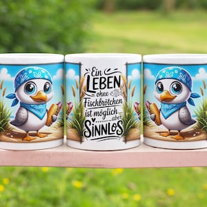 Cute seagull with saying fish sandwich German 11 oz mug wrap sublimation design digital art download print print PNG