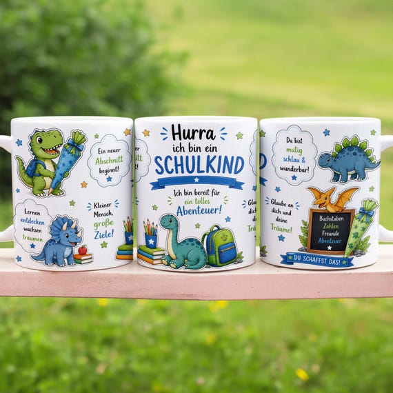 Hurra ich bin ein Schulkind Dino Tassen Wrap PNG 11 oz Einschulung Jungen Sublimation Design Digital Download