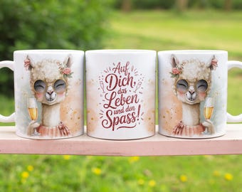 Tassendesign Auf dich, das Leben und den Spaß – fröhliches Lama mit Sektglas digitales Design PNG-Datei Spruch deutsch 11 oz Tassen Wrap