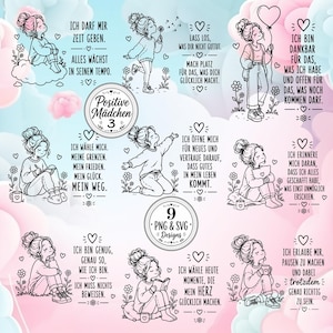 Puede incluir: Una colección digital de nueve ilustraciones de arte lineal en blanco y negro que muestran niñas en varias poses con afirmaciones en alemán, corazones y detalles florales sobre un fondo de nubes en tonos pastel rosa y azul.