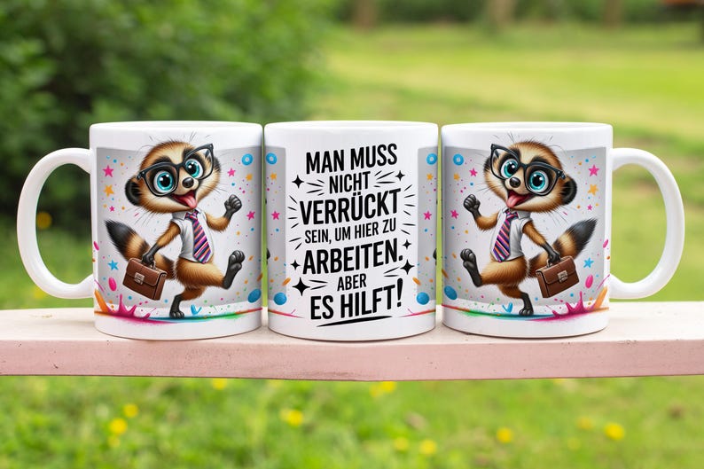 May include: White ceramic coffee mugs with a cartoon meerkat wearing glasses, a tie, and carrying a briefcase. The mugs have the text "MAN MUSS NICHT VERR&Uuml;CKT SEIN, UM HIER ZU ARBEITEN. ABER ES HILFT!" in black.