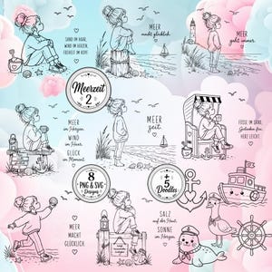 Może przedstawiać: Kolekcja czarno-białych ilustracji liniowych przedstawiających dziewczynę w różnych sceneriach plażowych, w tym latarnię morską, łódź i leżak. Tekst zawiera frazy takie jak Meerzeit 2, 8 PNG & SVG Designs oraz +5 Doodles.