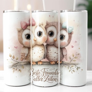 Söta ugglor bästa vän vänskap flickvänner tysk design sömlös 20oz smal tumbler wrap termosmugg sublimeringsdesign PNG