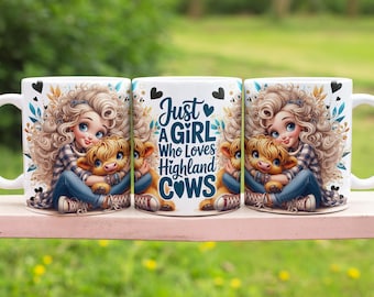 Cute girl with Highland Cow with saying in German 11 oz Mug Wrap Sublimation Design Digital Art Download Print PNG