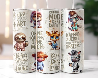 Coffee animals design thermal mug funny sayings cute animals seamless PNG file for sublimation German 20oz Skinny Tumbler Wrap