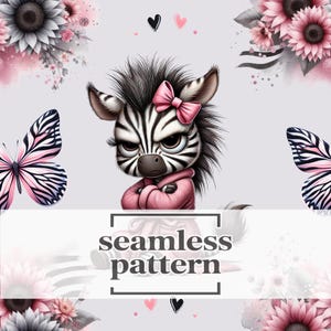 Könnte beinhalten: Nahtloses Musterdesign mit einem Cartoon-Zebra mit rosa Schleife und Kapuzenpullover, umgeben von Schmetterlingen und Blumen in Rosa- und Grautönen. Der Text "seamless pattern" wird in einem rechteckigen Rahmen angezeigt.