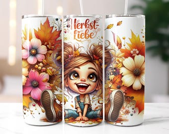 Cute girl with saying German autumn love design seamless 20oz skinny tumbler wrap thermal mug sublimation design PNG