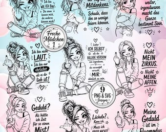 May include: A digital collection of nine black and white line art illustrations featuring cartoon characters with various hairstyles and poses, accompanied by German text phrases, hearts, and stars, set against a soft pastel blue and pink background.
