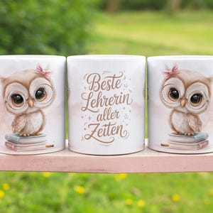 Könnte beinhalten: Drei weiße Keramikbecher mit Eulenillustrationen. Jeder Becher zeigt eine Cartoon-Eule mit Brille und rosa Schleife, die auf Büchern sitzt. Der mittlere Becher hat den Text "Beste Lehrerin aller Zeiten".