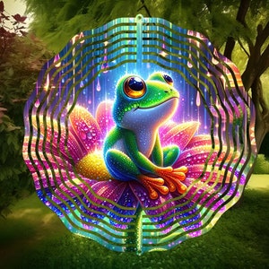 May include: A colorful metal wind spinner featuring a green frog sitting on a flower with a rainbow background. The spinner has multiple layers of metal that spin in the wind.