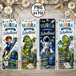 Könnte beinhalten: Vier farbenfrohe Lesezeichen mit Illustrationen eines Jungen, eines Dinosauriers, eines Astronauten und eines Drachen, die jeweils eine Schultüte halten. Die Lesezeichen tragen den Text "HURRA ich bin ein Schulkind".
