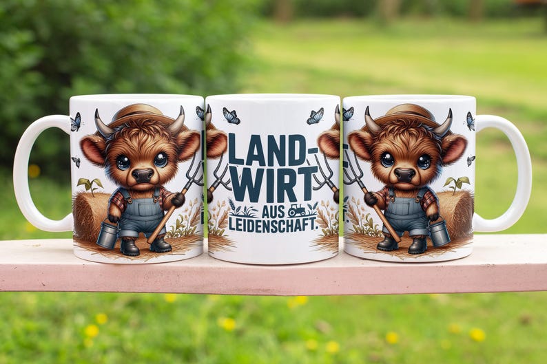 Puede incluir: Taza de cer&aacute;mica blanca con un toro de dibujos animados con un mono y un sombrero, sosteniendo una horca. La taza tiene el texto alem&aacute;n "LANDWIRT AUS LEIDENSCHAFT" y est&aacute; decorada con mariposas y trigo.