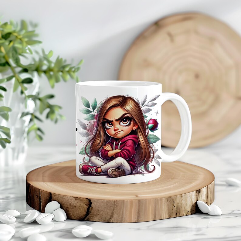 May include: White ceramic mug with a cartoon illustration of a girl with brown hair and red clothing. The girl is sitting with her arms crossed and has a serious expression on her face. The background of the mug features a floral design with green leaves and pink flowers.