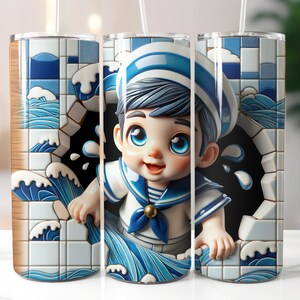 May include: A blue and white tumbler with a sailor boy design. The boy is wearing a blue and white sailor hat and a blue and white striped shirt. He is peeking out from behind a blue and white tiled wall. The tumbler is perfect for holding your favorite beverage.