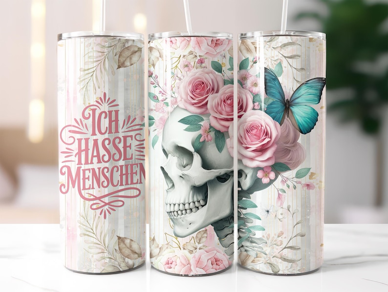 Totenkopf Skull Schädel Sprüche Tedesco I hate people 20oz Skinny Tumbler Wrap seamless Sublimation Design Download digitale Stampa PNG immagine 1