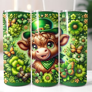 3D Highland Cow Beef Highland Cow St Patrick&#39;s Day Travel Mug 20oz Skinny Tumbler Wrap Sublimation Design Digital Art Download Print PNG