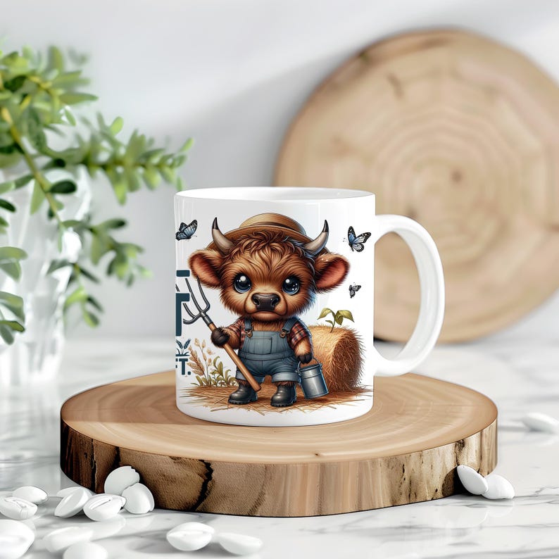 Puede incluir: Taza de cer&aacute;mica blanca con un toro de dibujos animados con peto y sombrero de paja, sosteniendo una horca y un cubo. El dise&ntilde;o incluye un peque&ntilde;o pajar y mariposas. La taza est&aacute; sobre una superficie de madera.