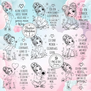Può includere: Una collezione digitale di nove illustrazioni a tratto in bianco e nero che raffigurano giovani personaggi in varie pose, accompagnate da testi motivazionali in tedesco, icone a forma di cuore ed elementi floreali su uno sfondo di nuvole pastello.