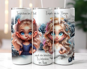 Cute girl with funny angel devil saying german tumbler wrap seamless sublimation design digital art download print PNG