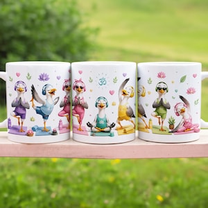 May include: Three white ceramic mugs featuring a repeating graphic print of cartoon seagulls in various yoga poses. The seagulls wear colorful athletic clothing and headphones, surrounded by small lotus flowers, hearts, and an Om symbol.