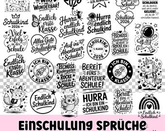 Può includere: Una collezione di word art e clip art in bianco e nero. I disegni includono frasi come "Schulkind 2026", "Endlich erste Klasse" e illustrazioni di una volpe, un gufo e un razzo. È presente anche il testo "Einschulung Sprüche".